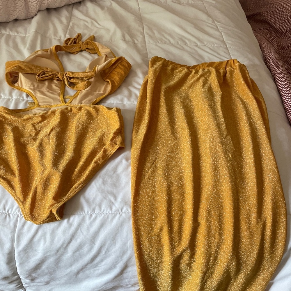 Gold Bikini Set with Skirt
